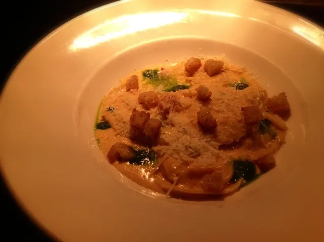 Lobster ravioli with Madeira cream sauce, bacon toasted ciabatta croutons|Vinnie Clauseさん