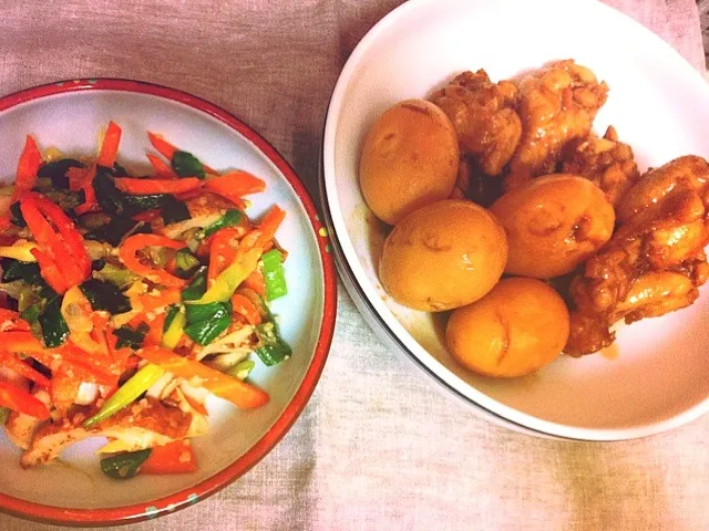 ●鶏手羽元と卵さっぱり煮 ●ちくわと野菜の塩麹炒め|ぷみさん