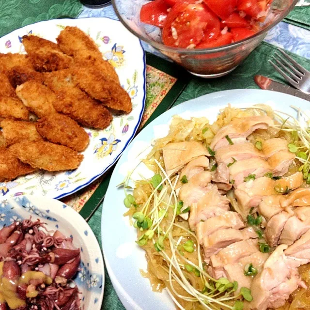 中華風蒸し🐔・牡蠣フライ・🍅サラダ・蛍烏賊酢みそ和え✨で今日もちょっぴり頂いて月曜日から仕事頑張りまっす😘👊|ちーねーさん