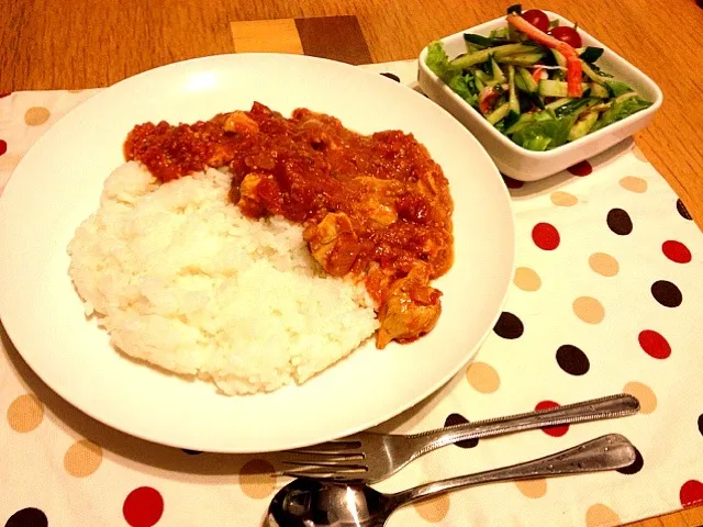 チキンのトマト煮、サラダ|なおさん