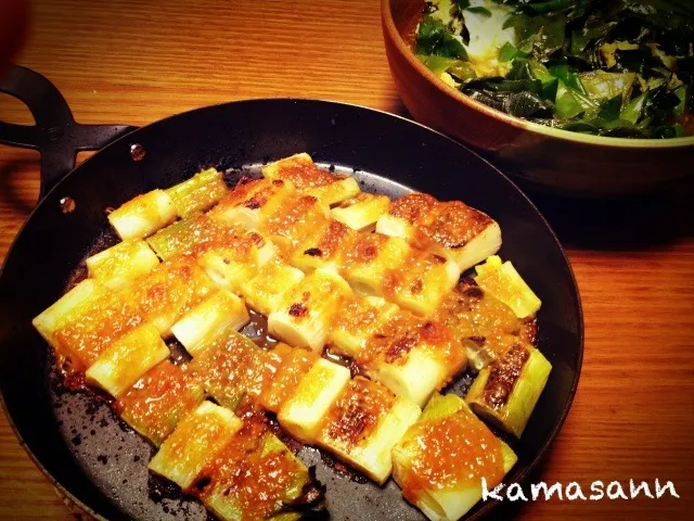 下仁田ネギの味噌焼きと、青い部分の卵とじ|かまさん