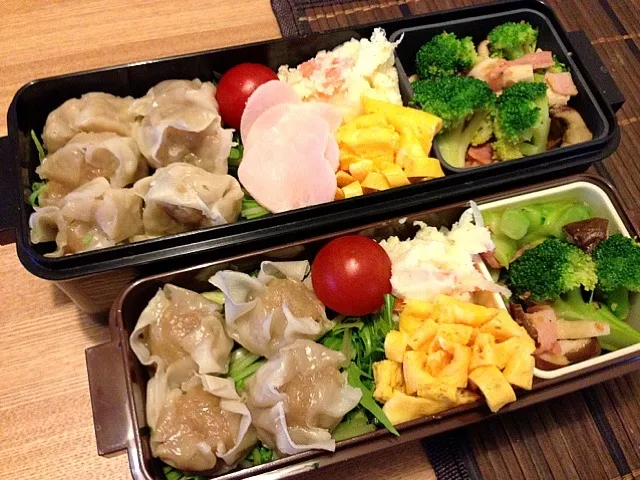 お弁当♡シウマイ、ポテトサラダ、玉子焼き、ブロッコリーとベーコンのにんにく炒め、サラダ|ウサコさん