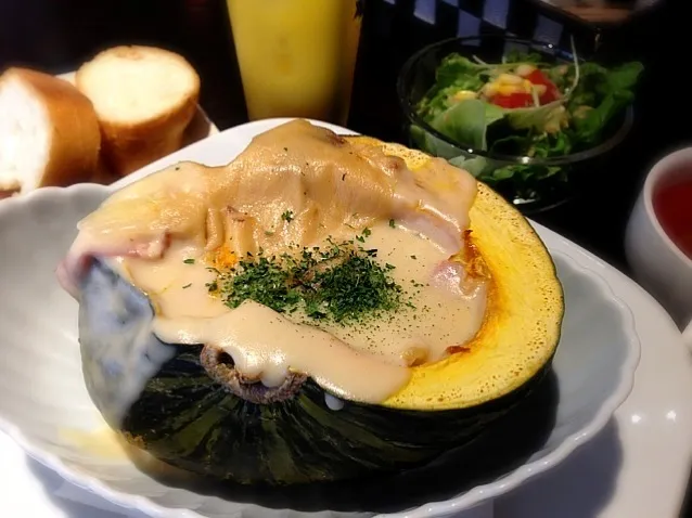 Snapdishの料理写真:カボチャのグラタンランチ。こういうのって、どこまで食べたら「ごちそうさま」していいのかよくわからない。フリードリンクつき。|liccaさん