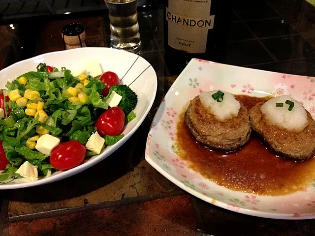 椎茸の肉詰め、サラダ＆🍷泡|ワインさん