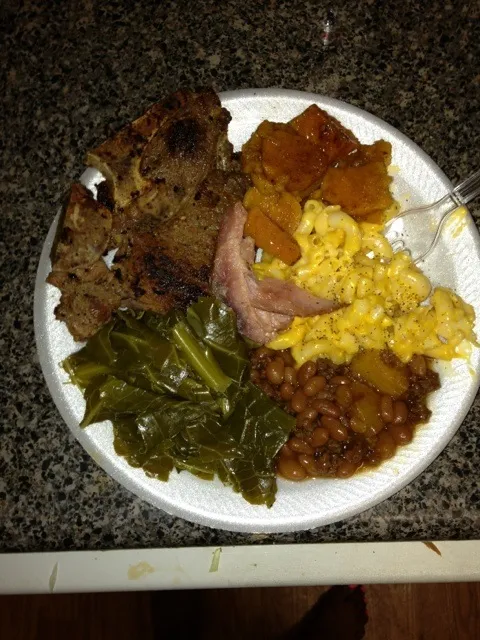 Snapdishの料理写真:Steak, ham, Mac and cheese, greens, and baked beans ...|nickey featherさん