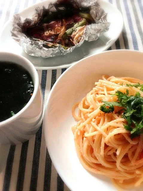 明太子スパゲティ、ベーコンと野菜のトースター焼き、海苔スープ|カザラさん