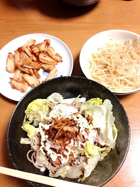 Snapdishの料理写真:そばサラダとナムルと軟骨唐揚げ|まきさん