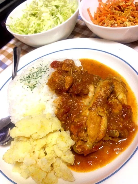 タモリ流（カレー＆マッシュポテト）、付け合わせ野菜|食いしん坊もりもりさん