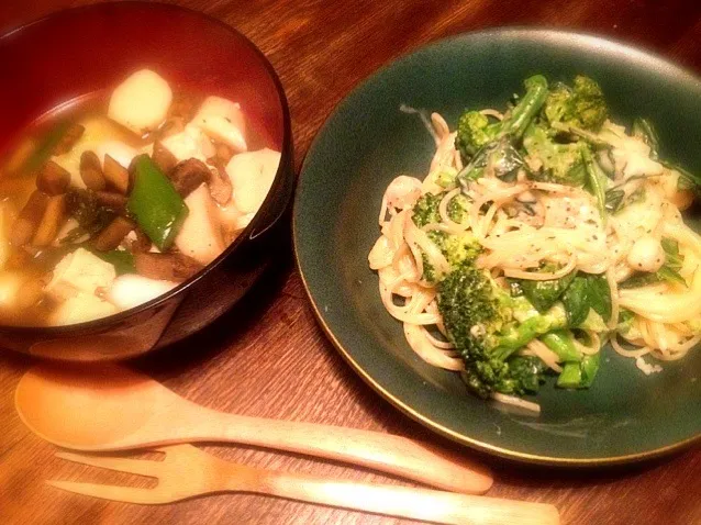 ブロッコリーと小エビのホワイトソースパスタと牛蒡と大和芋と深谷ネギのスープ|トキロックさん