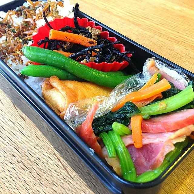 Snapdishの料理写真:ベーコン炒めと春巻き弁当|かぶこさん