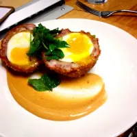 Chinese Scotch egg - 6min soy egg, house 5 spice duck sausage, Chinese mustard, fresh herbs|travis masarさん