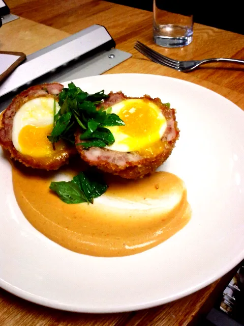 Chinese Scotch egg - 6min soy egg, house 5 spice duck sausage, Chinese mustard, fresh herbs|travis masarさん