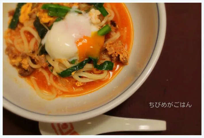 Snapdishの料理写真:粉チーズふりかけて食べちゃった( ´艸｀)ユッケジャンうどん|ちびめがさん