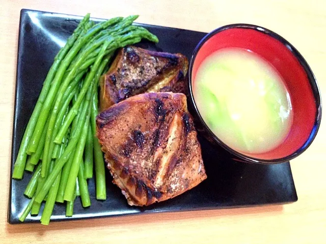 Grilled Tuna Belly with steamed Asparagus and Corn Soup|kristina de la cruzさん