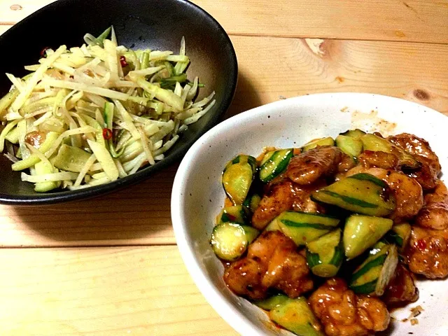 きゅうりと鳥肉のチリソース・じゃがいもときゅうりと搾菜のシャキシャキ炒め|あさりさん家のしろまるくんさん