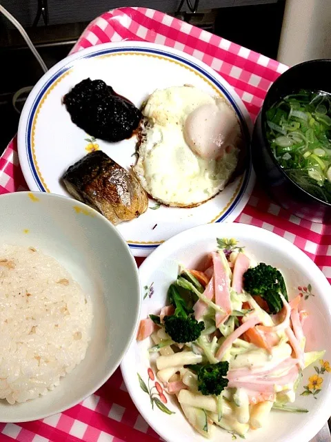 マカロニサラダに、野菜を混ぜて。おつゆは、ほうれん草|ハルさん