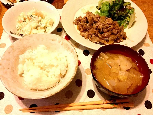 Snapdishの料理写真:生姜焼き、ぽてサラ|なおさん