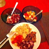 Snapdishの料理写真:Mekajiki, beet salad, tomato and mozzarella salad, fried rosemary new potatoes.|Sarah Everitt Furuyaさん