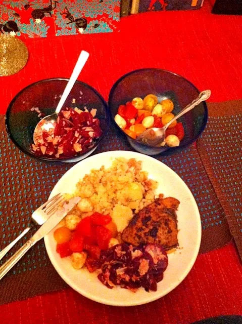 Mekajiki, beet salad, tomato and mozzarella salad, fried rosemary new potatoes.|Sarah Everitt Furuyaさん