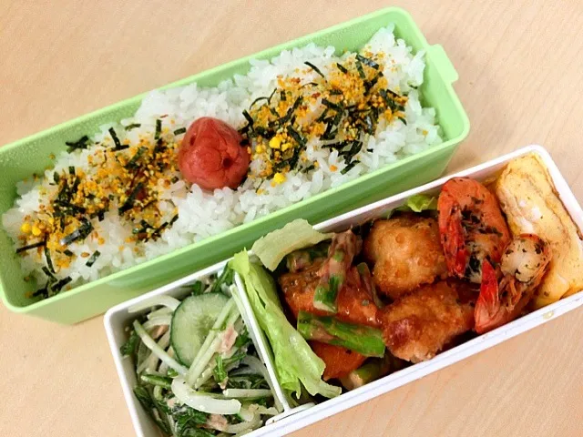 今日のお弁当、昨日の残りものとアスパラガスとシャケのムニエルオーロラソース和え|miu37さん