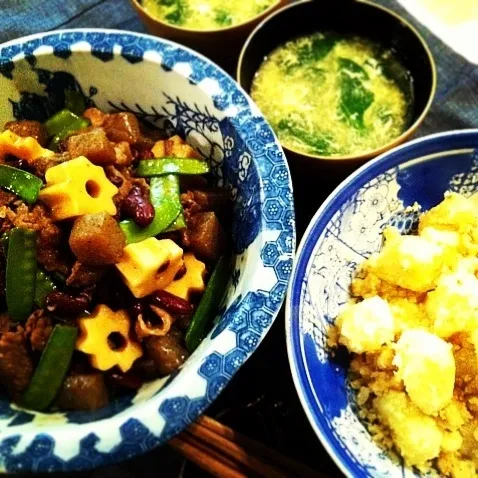 牛肉  蒟蒻  ちくわぶ  インゲン お豆煮…ガーリック  アンチョビ  粉吹き芋…ほうれん草  葱  卵とろとろスープ|tayukoさん