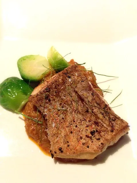 Roast red snapper with otak otak sauce and baby brussels spouts|Funky Chefさん