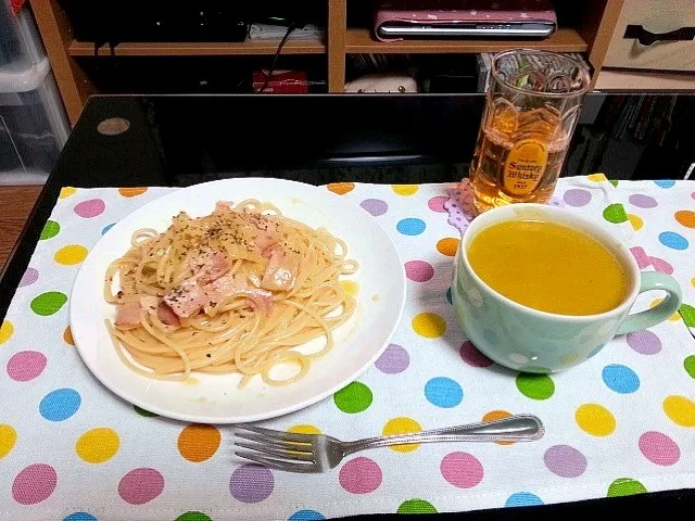 Snapdishの料理写真:カルボナーラ☆カボチャスープ|あいさん