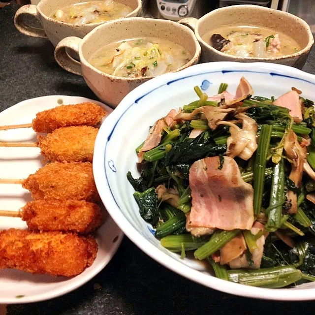 ほうれん草とキノコのオイスターソース炒め＊中華スープ＊串揚げ|ロック♪さん