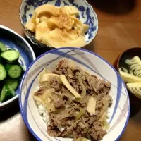 若竹汁、土佐煮、牛丼、漬物|さおりさん