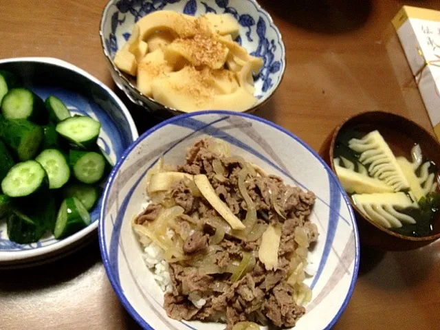 若竹汁、土佐煮、牛丼、漬物|さおりさん