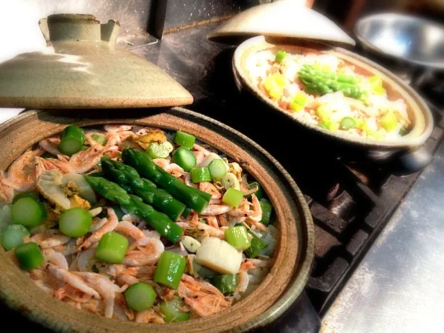 アスパラ桜海老土鍋御飯|炊かれたいオトコ おこん 小栁津さん