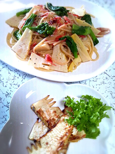 グリルで焼き筍♪菜の花・筍・桜海老のペペロンチーノ風パスタ♪|にゃんままさん