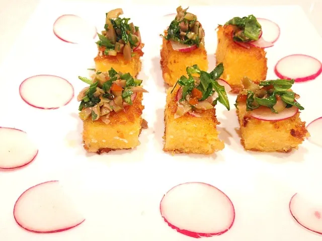 Crispy polenta with Arugula Tenpanade!|Cari Gennarelliさん