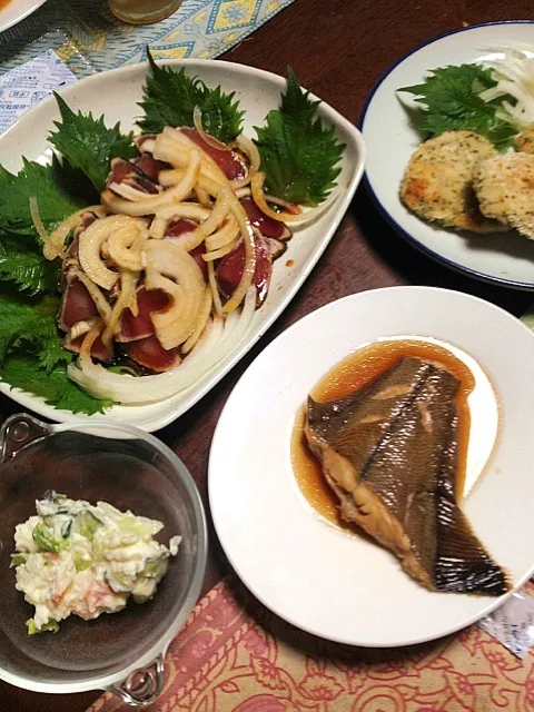 魚の煮付け 鰹のタタキ ポテトサラダ ミラノカツレツ|掛谷節子さん