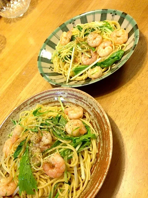 Snapdishの料理写真:エビと水菜のパスタ|yukikoさん