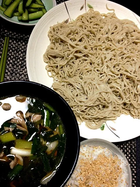 Snapdishの料理写真:#夕飯 すらないゴマかけご飯、キュウリ浅漬け、そば、ねぎニラたっぷりの肉つけ汁。今日中に風邪治すんべ！寝よ。|ms903さん