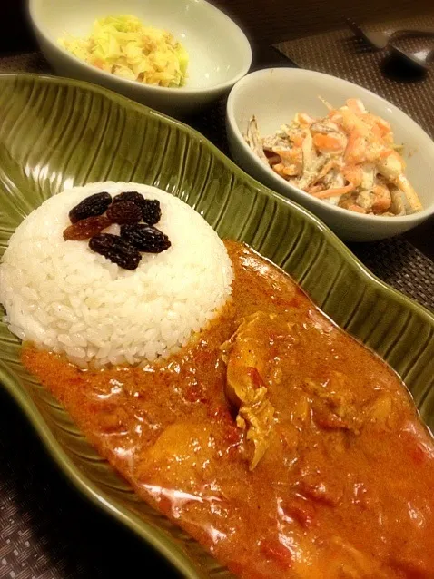 バターチキンカレー、ごぼうサラダ、キャベツと桜エビの和え物|ochihekoさん