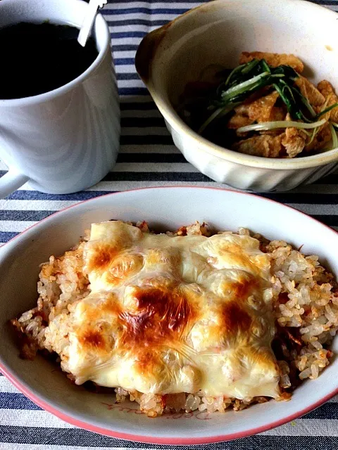 ねこまんまのチーズ焼き、水菜と油揚げのポン酢炒め、海苔スープ|カザラさん