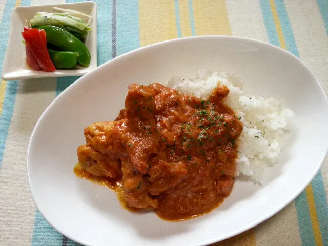 130410 今日のひるめし　チキンカレー、パプリカのマリネ、スナップえんどうのサラダ|EUREKAさん