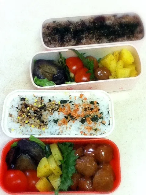 Snapdishの料理写真:今日のJK&OL弁当はイシイのミートボールで手抜きw Today's lunch box is convenience meatball.|hoppycowさん