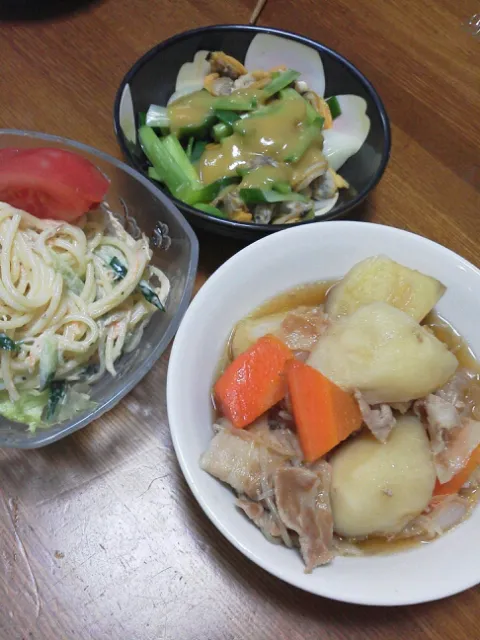 肉じゃが、スパゲッティサラダ、わけぎとアサリの酢味噌あえ|京子さん