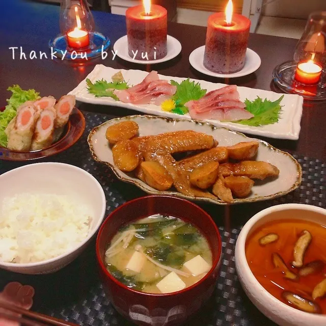 ♡今日の晩御飯♡しんくの刺身 ♡ちくわたらこの磯辺揚げ ♡餡掛け茶碗蒸し ♡手羽中と新ジャガのほくほく煮|ゆぃさん