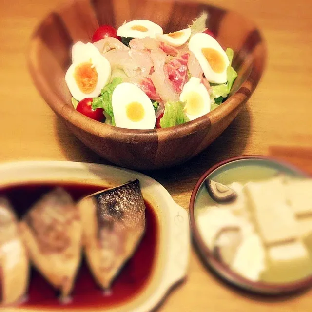 鯛カルパッチョ風サラダ、ぶり照り焼き、高野豆腐♡|かのん*さん
