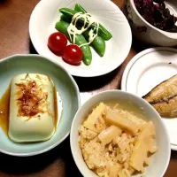 たけのこごはん、サバ、枝豆豆腐|さおりさん