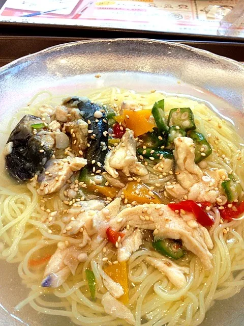 Snapdishの料理写真:冷やし汁そば鶏野菜|まるみやさん