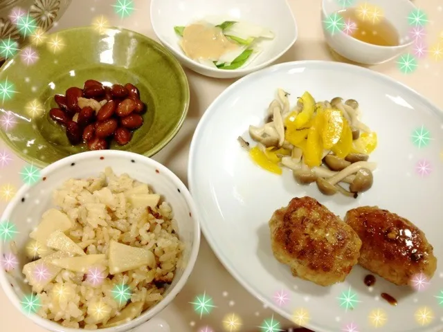 Snapdishの料理写真:【料理教室】竹の子ごはん、つくね、金時豆の甘煮、うどとアスパラの和え物|ニャンコさん