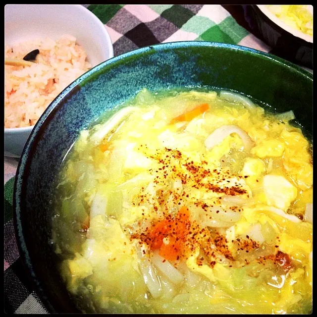 しょうがあんかけうどん、たらこ炊き込みご飯|carinさん