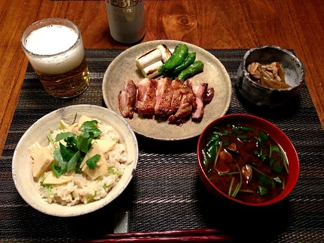 筍ご飯  鳥もも肉の黒酢照り焼き|gogotaxiさん