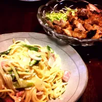 アスパラとベーコンのクリームパスタ
鶏肉のニンニク焼き|こがはるかさん