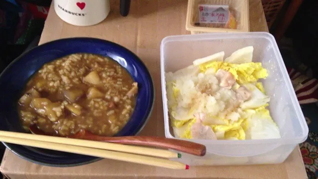 Snapdishの料理写真:カレーのリゾットと大根鳥肉白菜の温野菜大根おろし添え|ばんなおさん